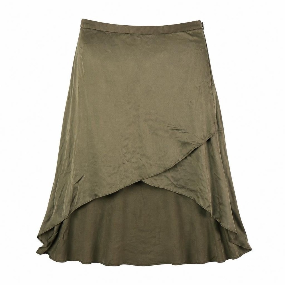 Line & Dot Skirt Womens M Green 100% Silk Mini Lined Stretch High Low Wrap READ